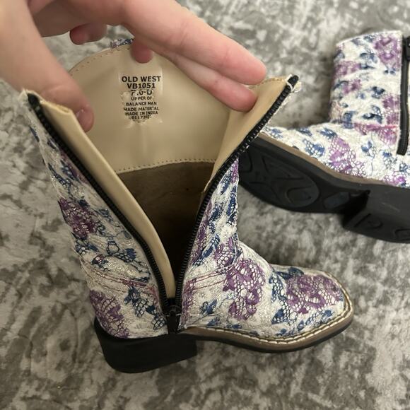 Old West Western Boots Girls Toddler Size 7.0-D Child Floral Sparkle Square Toe - Picture 10 of 12